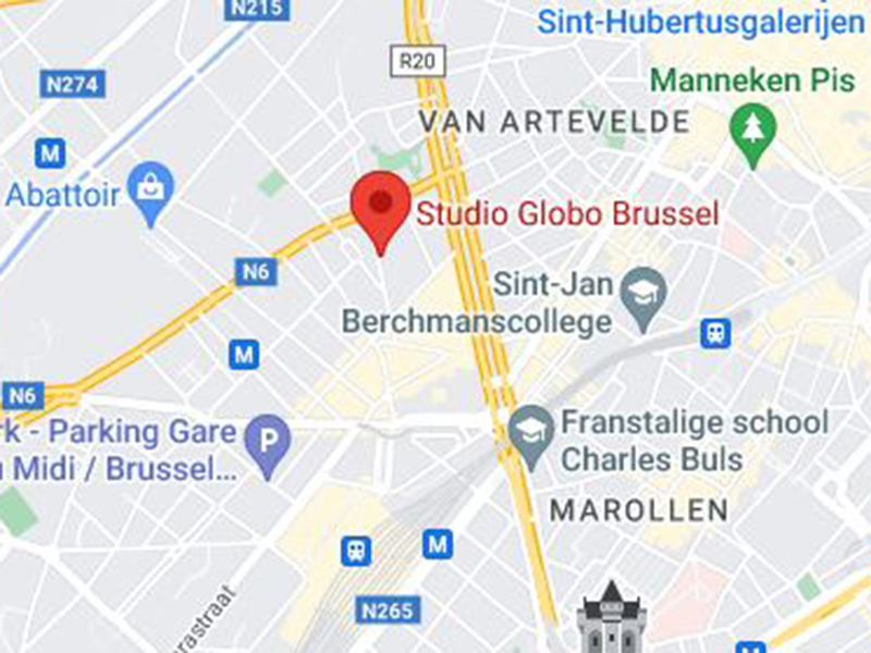 Dit is een kaart waarop Studio Globo Brussel staat aangeduid.