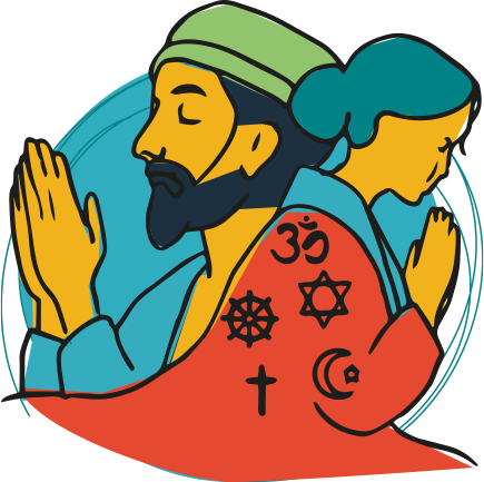 themabeeld met biddende mensen en symbolen van godsdiensten