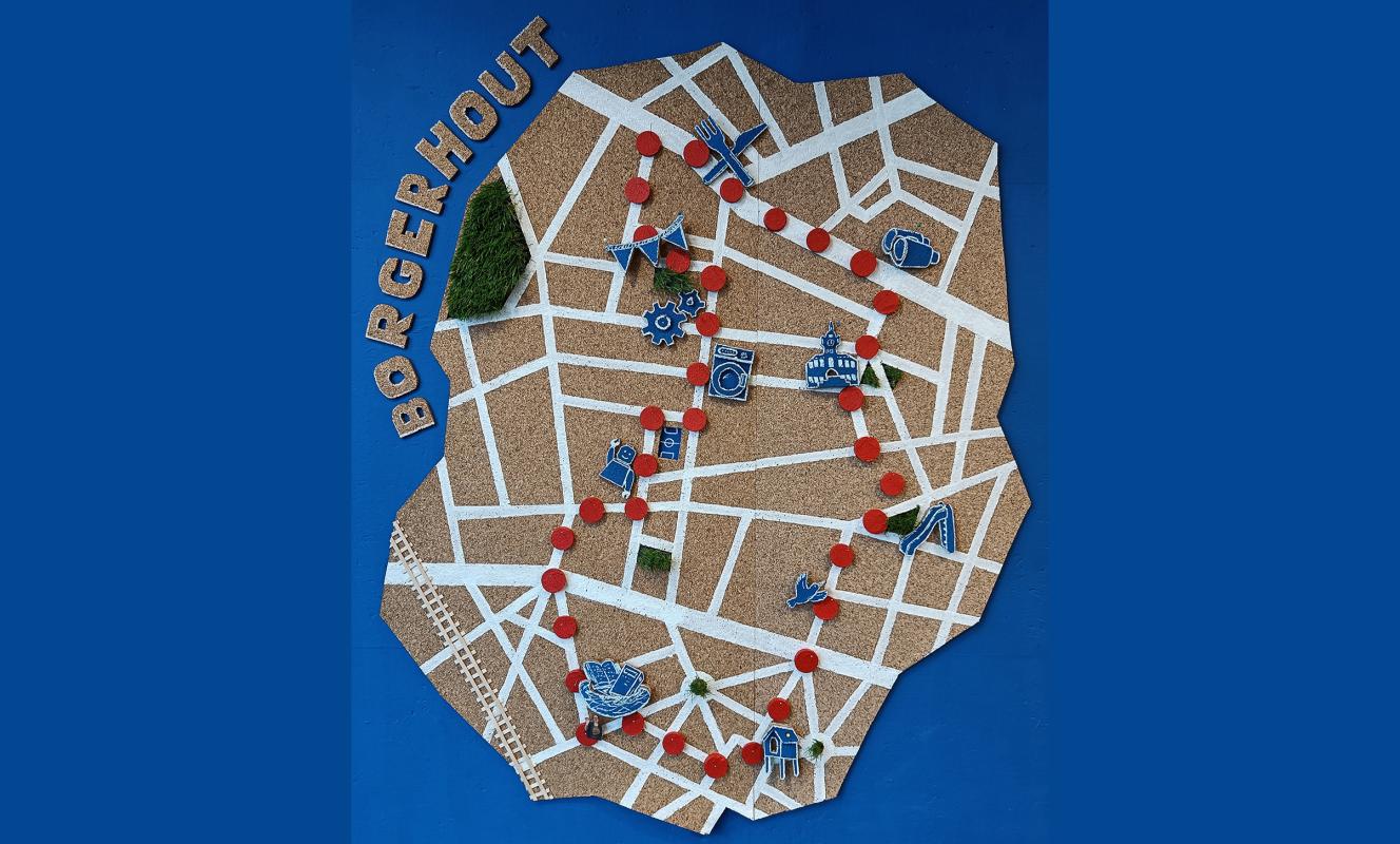 Dit is een foto van een kaart van Borgerhout voor de buurtwandeling van Studio Globo Antwerpen.